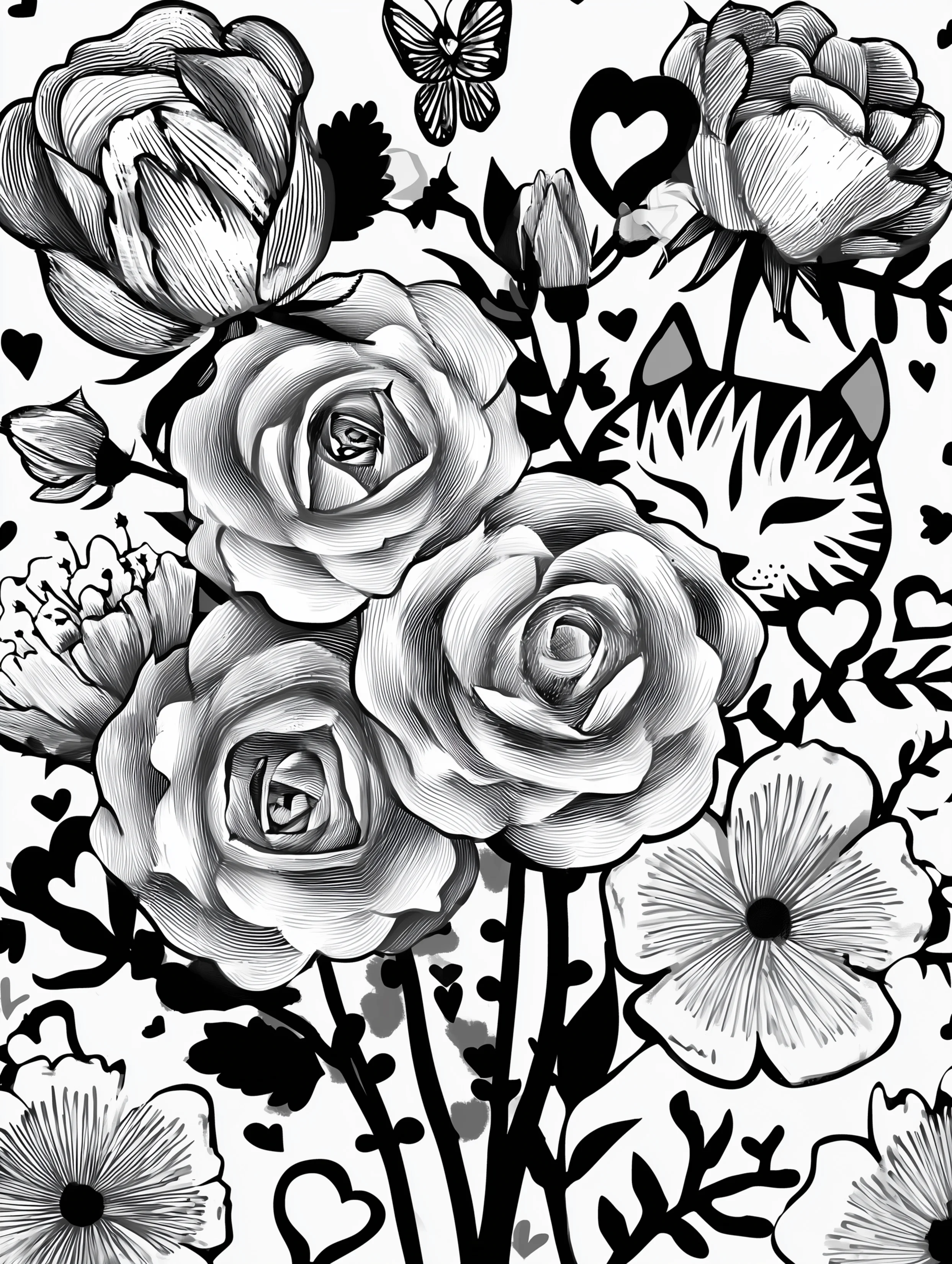 Free printable rose coloring page for adults featuring a cat peeking around roses